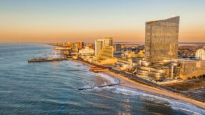 Aerial view of the Atlantic City beach and boardwalk in New Jersey