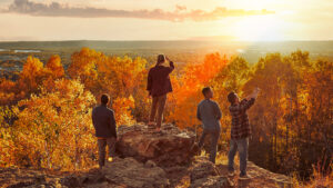Hikers in the fall at Grandad Bluff in La Crosse, Wisconsin