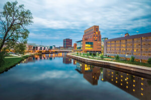 Skyline view along the Grand River in Lansing, Michigan; Credit: Daniel Solc