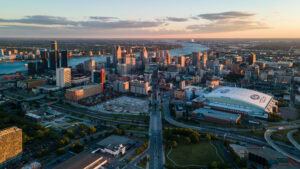 Aerial view of the city skyline in Detroit, Michigan